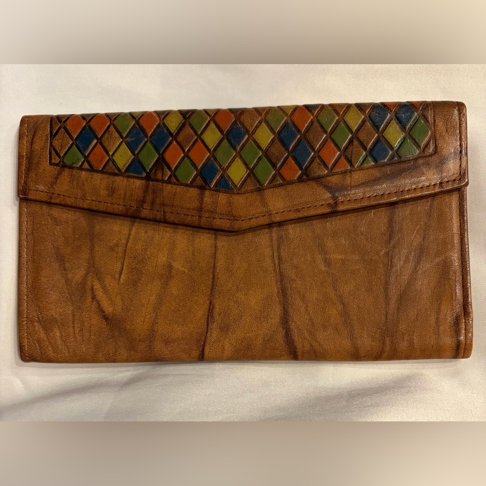 Amity Cowhide Brown Leather Trifold Wallet with Colorful Accents